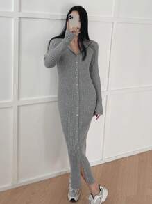 DAZY Ladies' Solid Color Single Breasted Woolen Knitted Dress Sweater Dress - Grey - View 4