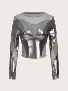 SHEIN ICON Mesh Splice T-shirt - Silver - View 2