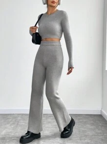 SHEIN Unity 2 件女士纯色针织套装 - 淺灰色 - 查看 3