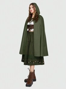 ROMWE Fairycore 前方有綁結束帶的連帽披風外套 - 墨綠色 - 查看 1