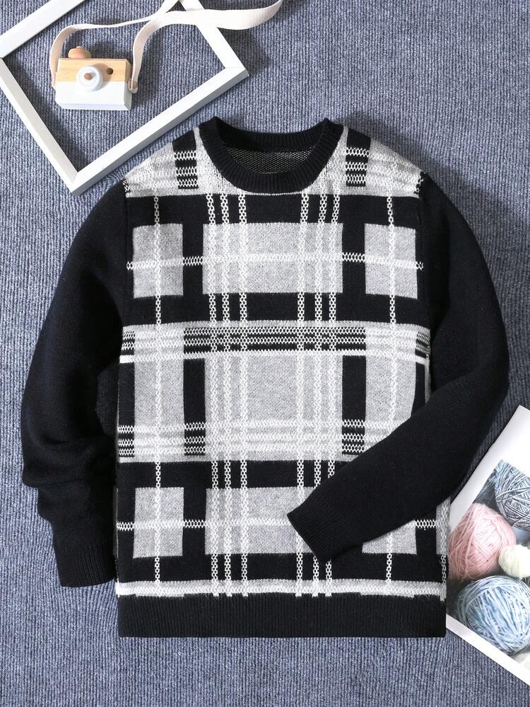Teen Boys' Classic Plaid Patchwork Crew Neck Sweater