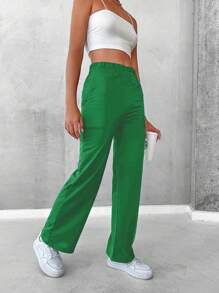 EURMUSE High Waist Straight Leg Pants - Green - View 4