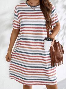SHEIN LUNE Plus Size Women's Striped T-Shirt Dress For Summer - Multicolor - View 4