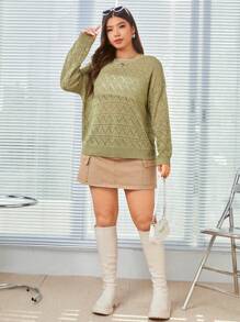 SHEIN EZwear 大尺寸純色落肩毛衣 - 綠色 - 查看 3