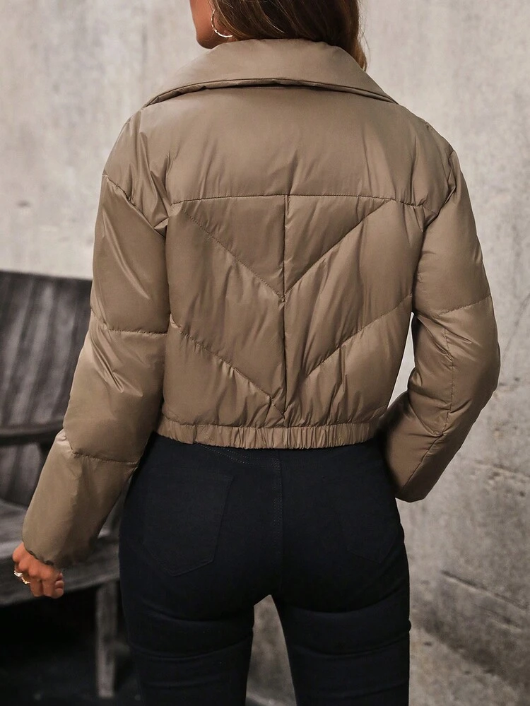 Quilted Puffer Jacket With Diagonal Pockets And Zipper Front Fall Cloth For Women