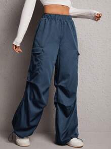 SHEIN PETITE Pantalones De Paracaídas Laterales Con Bolsillo De Solapa - Neblina azul - Ver 3