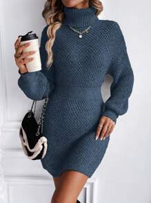 Chiquease Thời gian rảnh rỗi Của phụ nữ Màu thuần Áo cao cổ Áo len dệt kim Đầm - Màu xanh bụi bặm - Xem 3