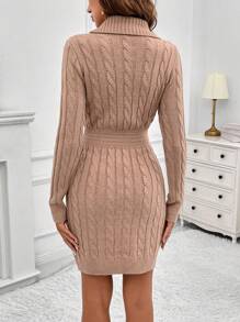 EMERY ROSE Elegant Fashion Wrap Twist Cable Knit Pattern Buttoned Fitted Women Sweater Dress, Versatile For Autumn/Winter - Khaki - View 2
