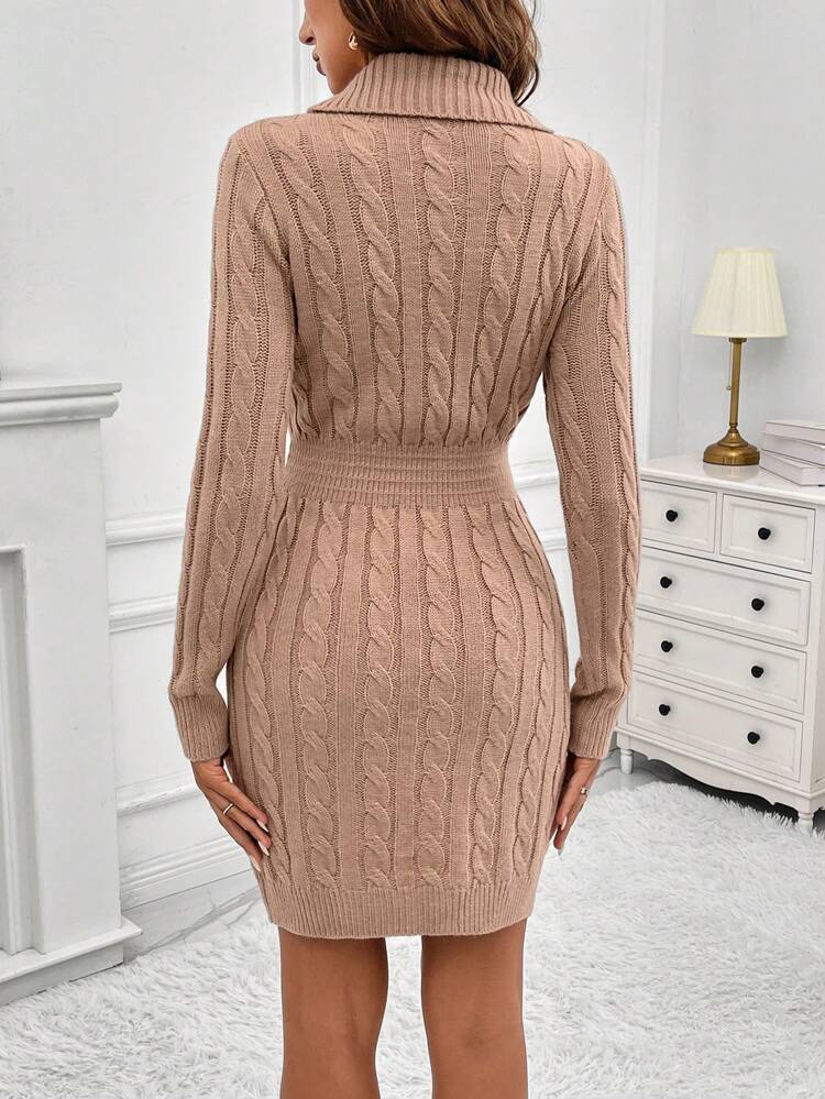 Elegant Fashion Wrap Twist Cable Knit Pattern Buttoned Fitted Women Sweater Dress, Versatile For Autumn/Winter