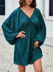 SHEIN Privé Lantern Sleeve Plisse Dress - Olive Green - View 4