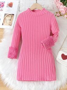 SHEIN Cô Gái Trẻ Cổ giả 	
Fuzzy Cổ tay áo Đầm - Hồng - Xem 1