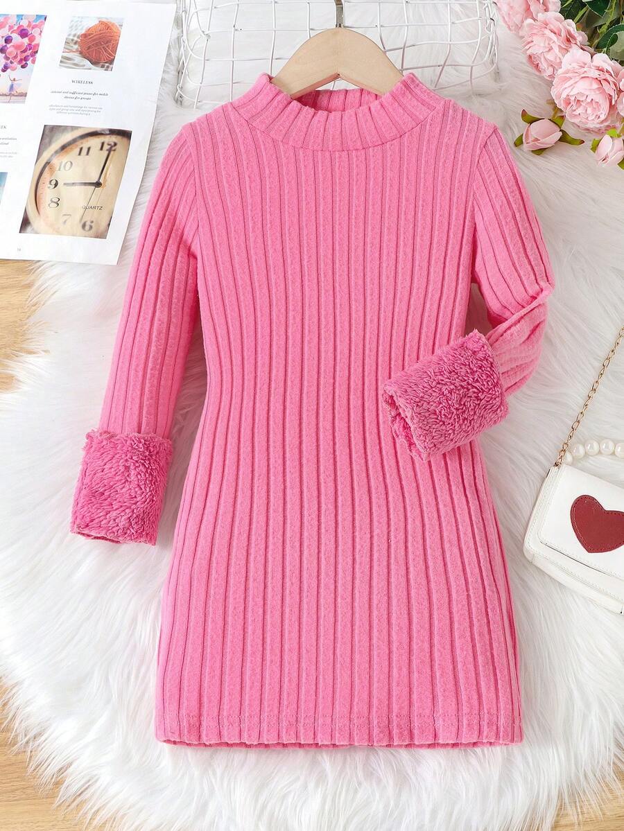 SHEIN Cô Gái Trẻ Cổ giả 	
Fuzzy Cổ tay áo Đầm - Hồng - Xem 1