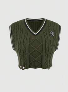 SHEIN Unity Kẻ sọc Quần skinny Áo vest Với Đường viền cổ chữ V Và Nút Khép kín , Phong cách Học viện Áo len - xanh quân đội - Xem 1