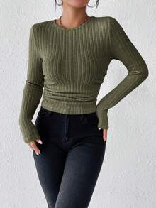 SHEIN Frenchy 女士實色圓領修身t卹,具有質感 - 軍綠色 - 查看 3