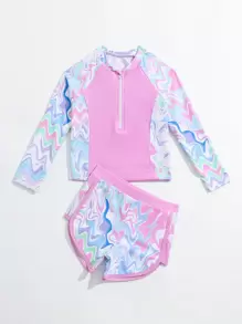 Young Girl Random Printed Raglan Sleeve Ruffled Rashguard Set Summer Beach - Pink - View 5