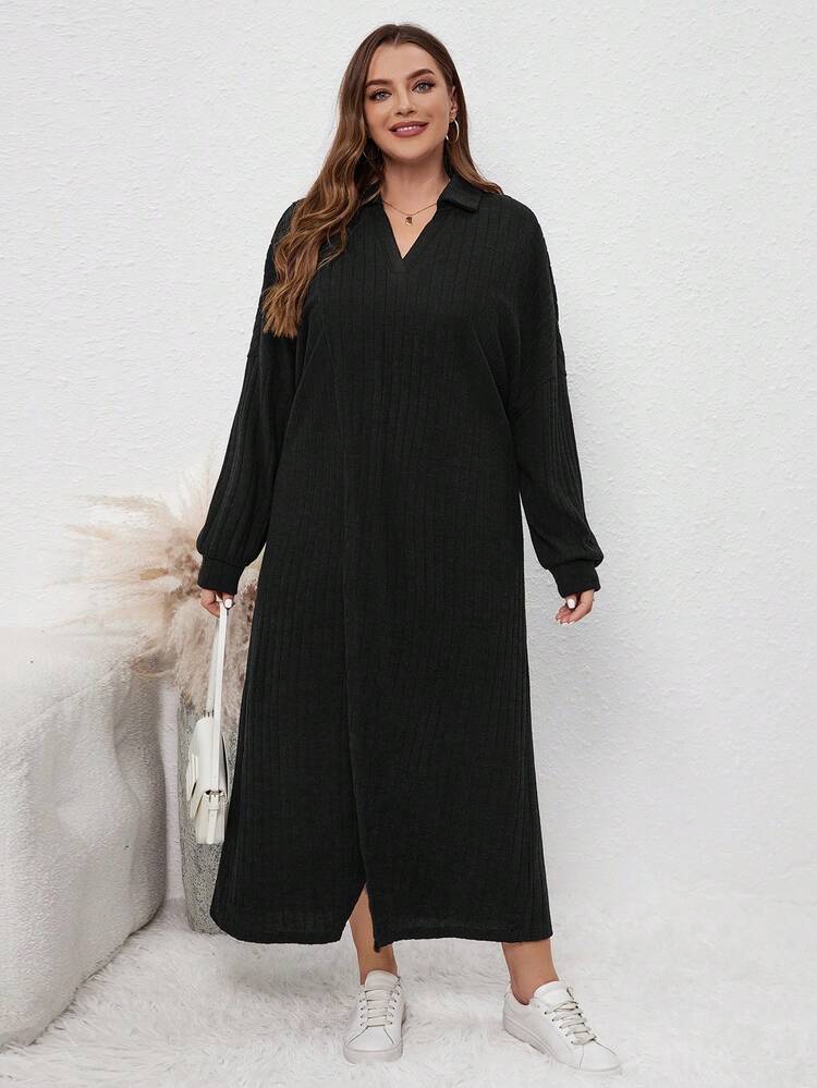 Plus Size Women'S Turn-Down Collar Pocket Ribbed Dress