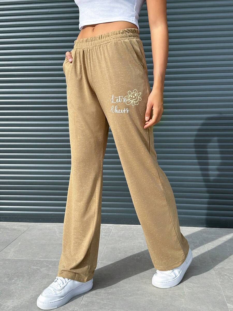 EURMUSE Letter Graphic Elastic Waist Sweatpants - Yellow - View 1