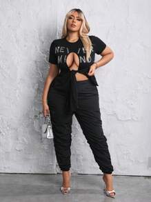 SHEIN SXY Plus Rhinestone Slogan Graphic Cut Out Tee - Black - View 3