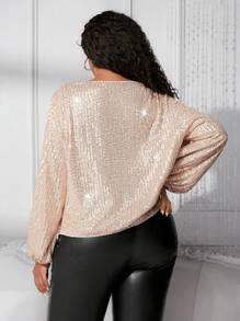 SHEIN CURVE+ Women's Plus Size Shiny Sequin Shirt - Champagne - View 3