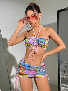 Color Block Character Printed Two-Piece Bikini Set Summer Beach - Multicolor - View 1