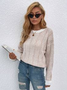 SHEIN Essnce 女士休閒落肩彩色拼接毛衣 - 杏色 - 查看 3