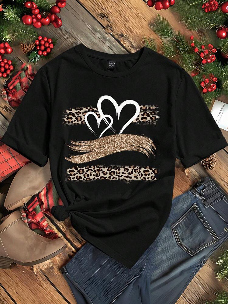 Leopard Print Heart Graphic Round Neck Short Sleeve Fitted Women T-Shirt, Suitable For Summer Suitable For Going Out,Casual