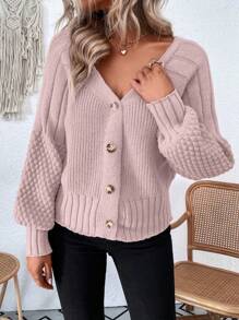 SHEIN LUNE Tay áo lồng đèn Nút Thiết kế Áo len Mở Áo len - Bụi hồng - Xem 4