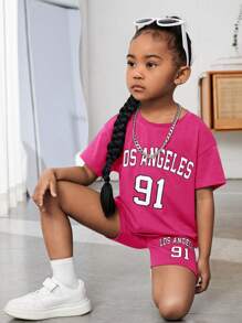 SHEIN Leap Crew 女小童字母圖案落肩T恤和短褲 - 玫紅色 - 查看 1