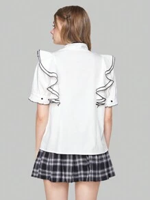 ROMWE Kawaii Của phụ nữ Cà vạt Ren Hem tương phản Áo sơ mi - trắng - Xem 3