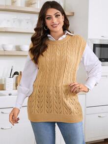 Calvaya Plus Pointelle Knit Sweater Vest Without Blouse - Khaki - View 7