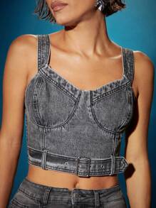 Denimoi Buckle Belted Bustier Denim Cami Top - Grey - View 4