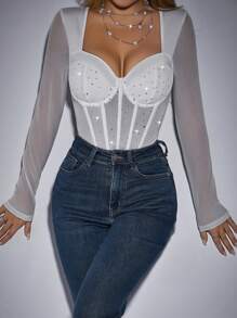 Allurite Body De Malla De Manga Larga Para Mujer Con Decoración De Diamantes De Imitación - Blanco - Ver 3