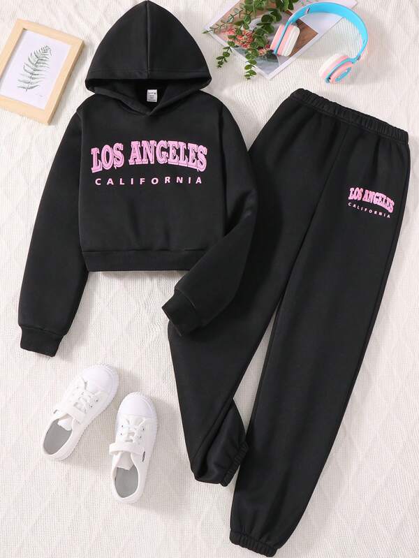 SHEIN Tween meisje Letterprint Hoodie Met Broeken Tweedelig Sets