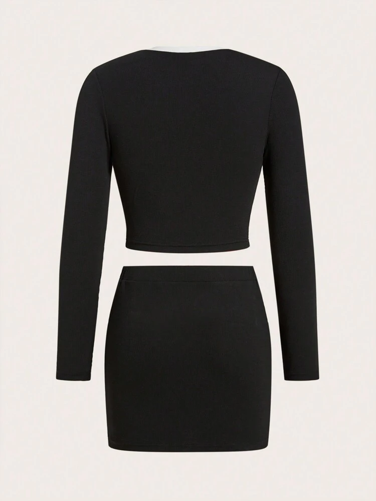 Letter Graphic Contrast Striped Side Crop Tee & Bodycon Skirt