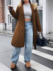 Flirla 加大码连帽冬季羽绒服 带毛领和腰带 - 咖啡棕 - 查看 5