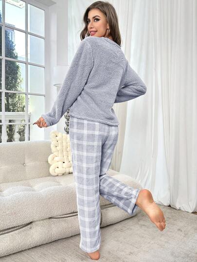 Plush Long Sleeve Top Plaid Pants Fluffy Pajama Set Cozy Elegante s, Fall Clothes view 2