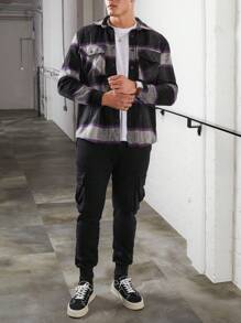 RueChic Men Plaid Print Flap Pocket Shacket - Black - View 3