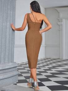 Bandage Simple & Sexy One Shoulder Cami Hollow Out Side Slit Bodycon Dress For Women - Brown - View 2