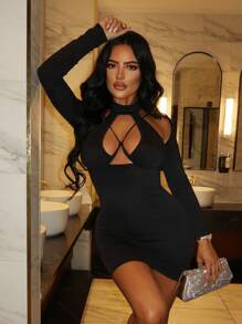 SHEIN SXY Trang phục đêm hẹn hò gợi cảm Váy bó sát khoét rỗng bất đối xứng - màu đen - Xem 5