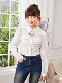 SHEIN Teen Girls' Heart Hollow Out Collared Long Sleeve Shirt - White - View 1