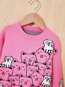 SHEIN 幼童女童休閒寬鬆貓咪卡通圓領寬鬆毛衣,長袖 - 玫紅色 - 查看 5