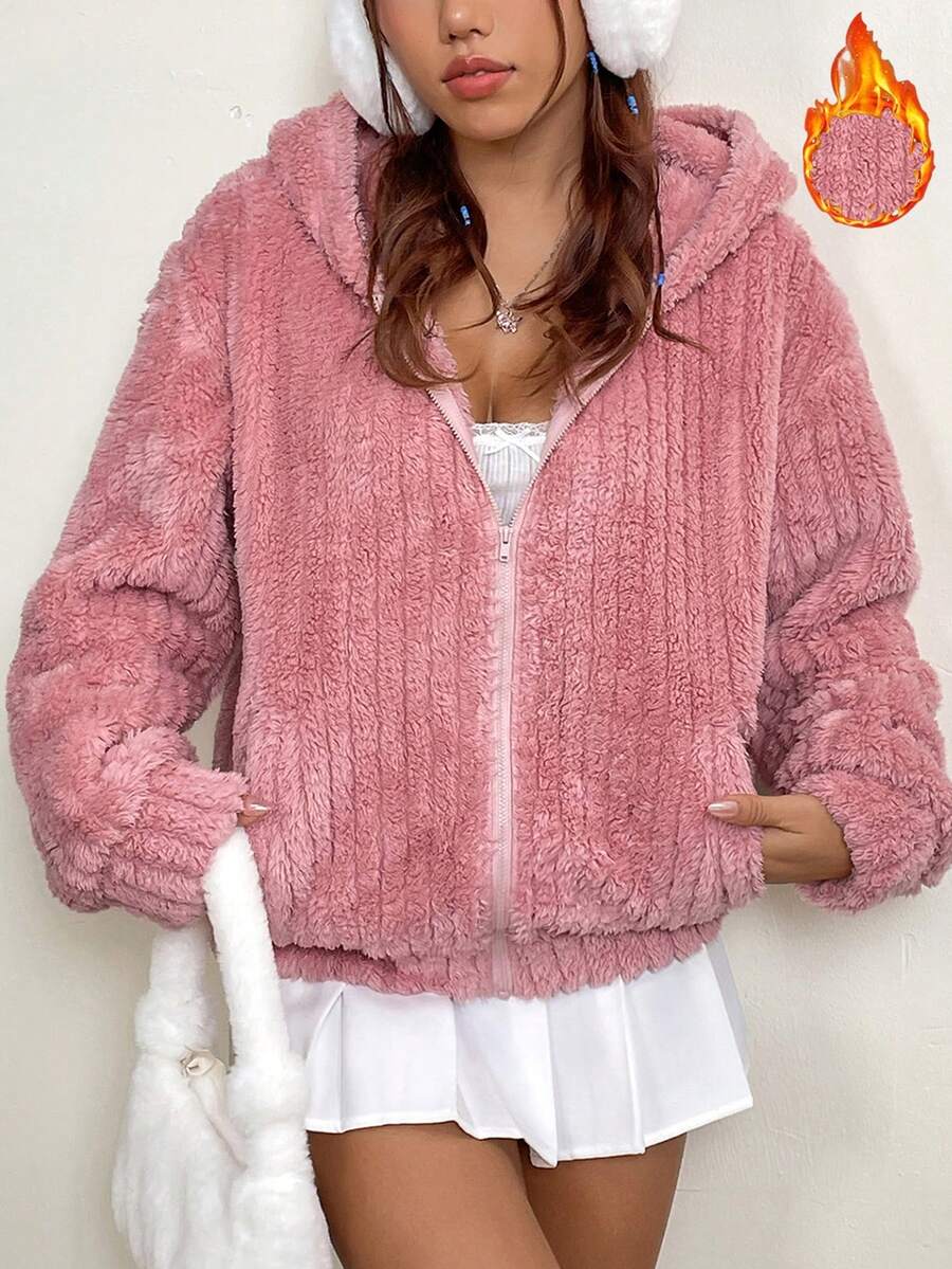 SHEIN Qutie Drop Shoulder Zip Up Hooded Teddy Jacket - Pink - View 1