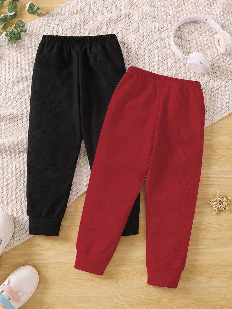 SHEIN Pantalon À Jambe Droite En Jacquard À Carreaux Et Faux Boutons Pour Petites Filles, Décontracté - Rouge foncé - Voir 2