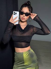 SHEIN Unity Solid Color Sheer Piled Collar Long Sleeve Cropped Top