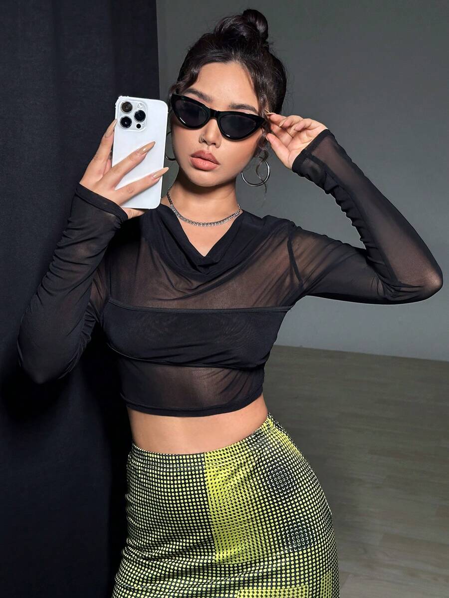 SHEIN Unity Solid Color Sheer Piled Collar Long Sleeve Cropped Top