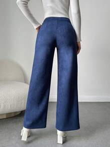 RueChic Blue Straight Leg Pants With Slant Pockets - Navy Blue - View 2