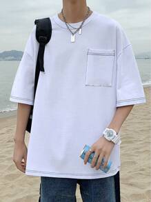Plus Size Men's Loose Fit Drop Shoulder Contrast Stitching Chest Pocket T-Shirt - White - View 1