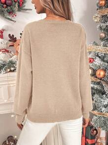 Chiquease Letter Pattern Drop Shoulder Knit Pullover Fall Winter Sweater - Khaki - View 2