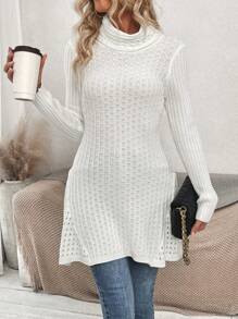 SHEIN LUNE Áo len nữ cổ cao màu trơn, chất liệu dệt kim, thích hợp cho mùa thu đông. - Màu be - Xem 4