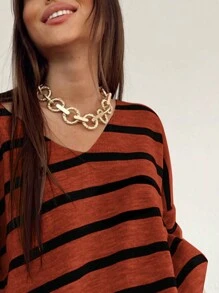 RueChic Women's Striped V-neck Loose Knit Sweater - Orange - View 4